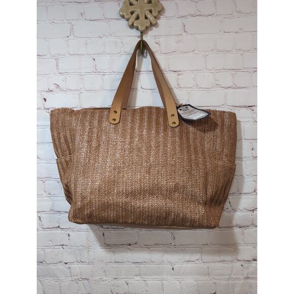 Sun 'N' Sand Woven Poly Straw Beach Tote Bag Faux Leather Handles Embroidered - Picture 8 of 15